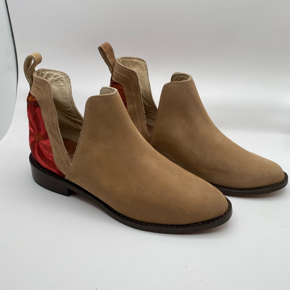 Vive Ya Tan Suede Embroidered Cut-Out Ankle Boots Mexican Leather Boho